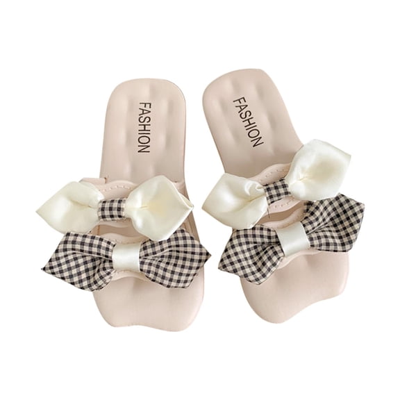SERTG Kids Shoes Summer Double Bow Plaid Print Flops Indoor Slippers Versatile Sweet Non-Slip Casual Beach Sandals for Girls Outdoor Play and Daily Activities(Black,3-3.5 Years)