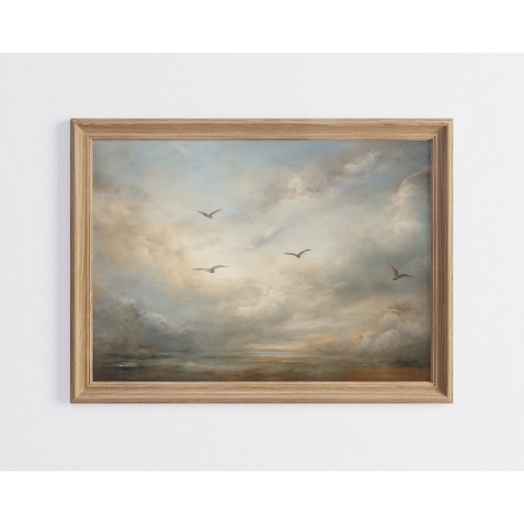 Neutral Sky Wall Art, Vintage Cloud Landscape, Cloudy Sky Wall Art, Bird in the Sky, Flock of Birds Unframed Paper Print