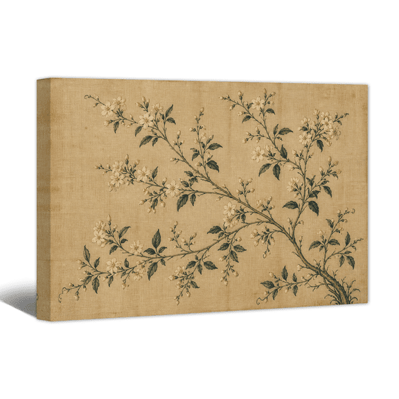 Antique Trailing Floral Canvas Wall Art Country Blossoms Aged Wall Print, Earthy Tranquil Artwork Plant Herbarium Painting for Bathroom, Home, Living room Decor