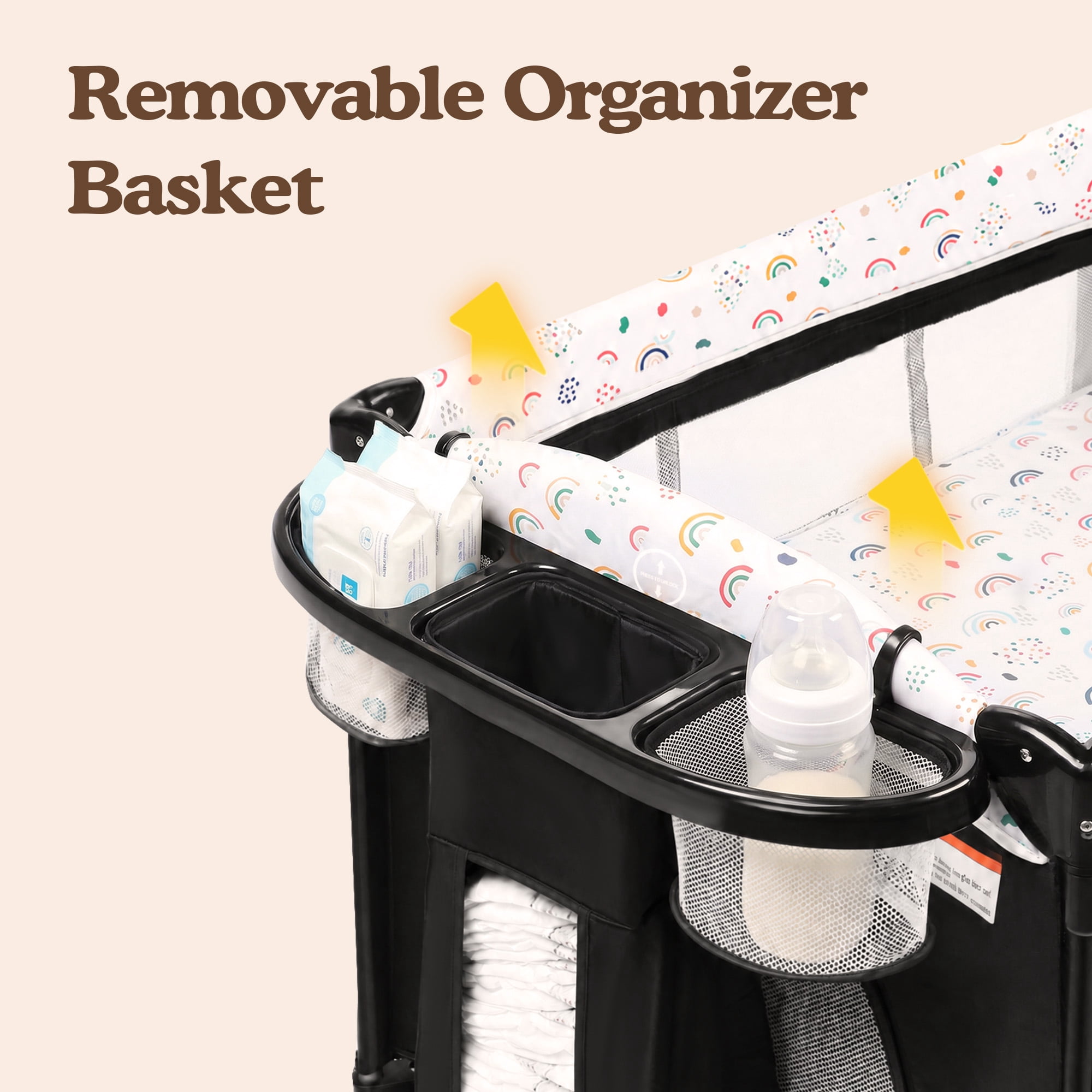 LINLUX Foldable Baby Bedside Crib Bassinet, Infant Pack and Play Playard, Newborn Playpen Changing Table, Multicolor