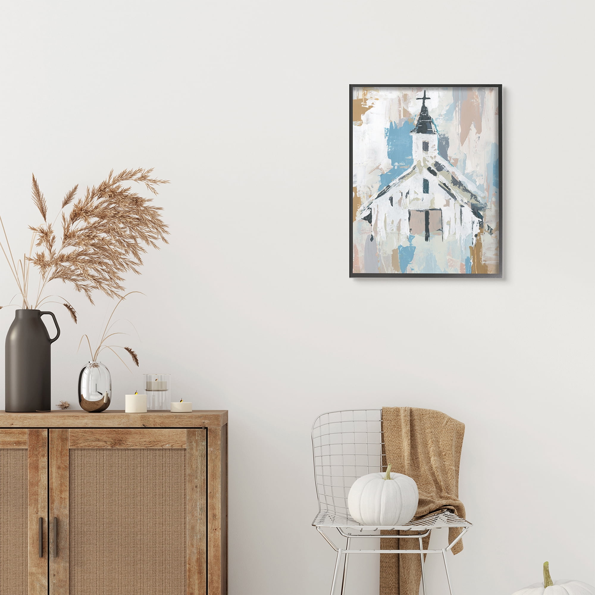 Stupell Industries Distressed Country Church House Abstract Pattern Religious Painting Black Framed Art Print Wall Art, 24 x 30