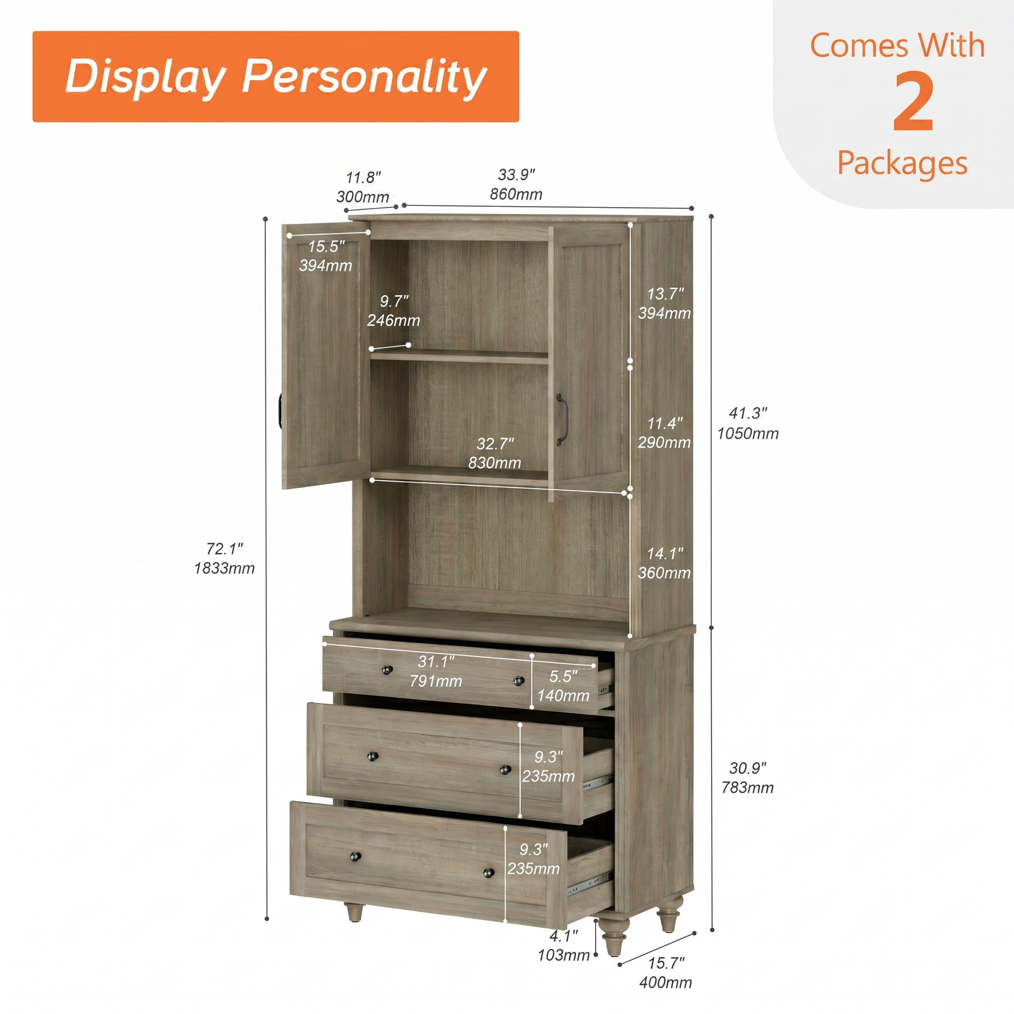 72"H × 34"W Modern Farmhouse Wooden Library Bookcase with Wood Doors & 3 Drawers, Freestanding Storage Bookshelf for Living Room, Office & Study Room, Wash Gray