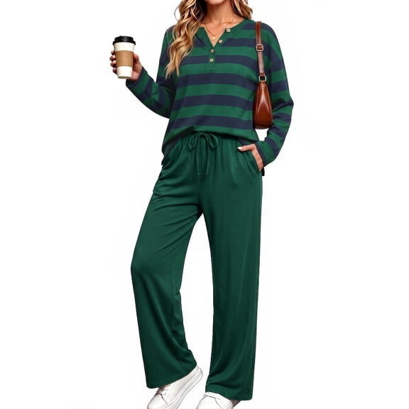 UVN Two Piece Outfits Sets for Women Casual Color Block Striped Sweatsuits Long Sleeve Henley Shirts Wide Leg Pants Tracksuits Matching Sets with Pockets