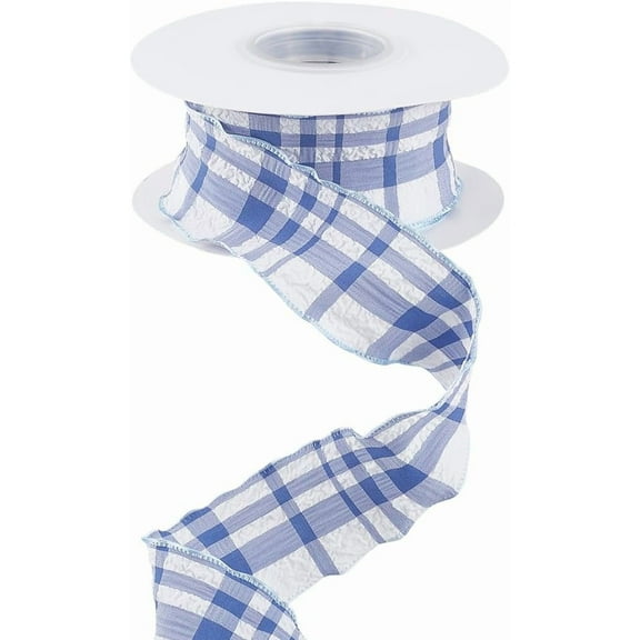 1 5/8 Inch 10 Yards Blue Ruffle Edge Plaid Ribbon Spool Gingham Chiffon Double Sided Ruffled Checkered Pleated Lace Trimming Burlap Trim