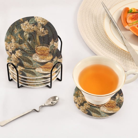 BZSMCE 6Pcs Drink Coasters With Holder 3.94Inch Osmanthus and Tea Creative Coil Coaster Coasters Colors Absorbent Coasters for Drinks Coasters Set Thicken Heat for Home Table