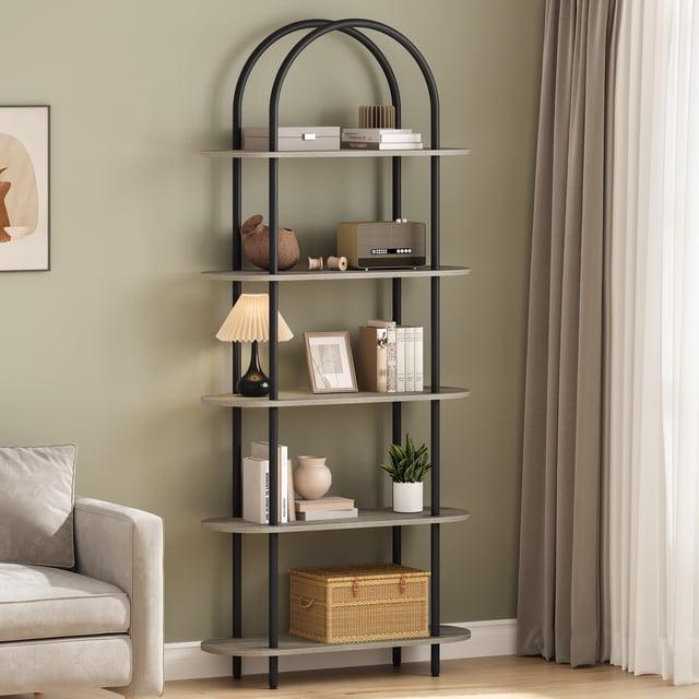 Industrial Arched Bookshelf - 5-Tier Freestanding Metal Frame Bookcase with Adjustable Feet, Modern Open Storage Rack for Living Room, Bedroom, Office - Black + Graphite Gray, Five Layers
