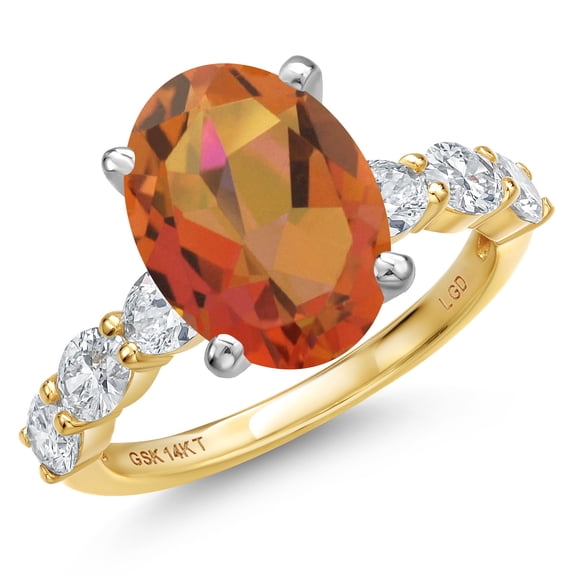 Gem Stone King 14K Two Tone Gold Twilight Orange Mystic Quartz and Lab Grown Diamond Engagement Ring for Women | 4.90 Cttw | Oval 12X10MM | Gemstone Birthstone | Size 8