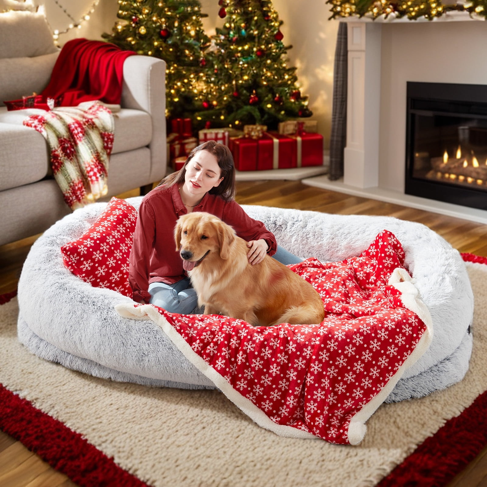 Dokdogs Human Dog Bed, 70"x44"x11" Size Fits You and Pets, Washable Faux Fur Dog Bed for People Doze off, Napping Orthopedic Dog Bed, Present Plump Pillow, Blanket, Strap - Grey Christmas Edition