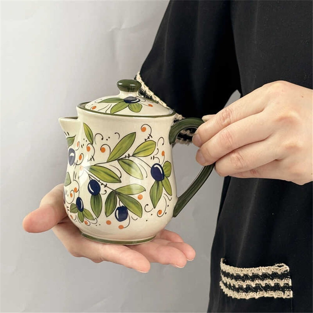 Green Ceramic Milk Pitcher With Handle And Lid Home Kitchen Sauce Pot Gravy Boat
