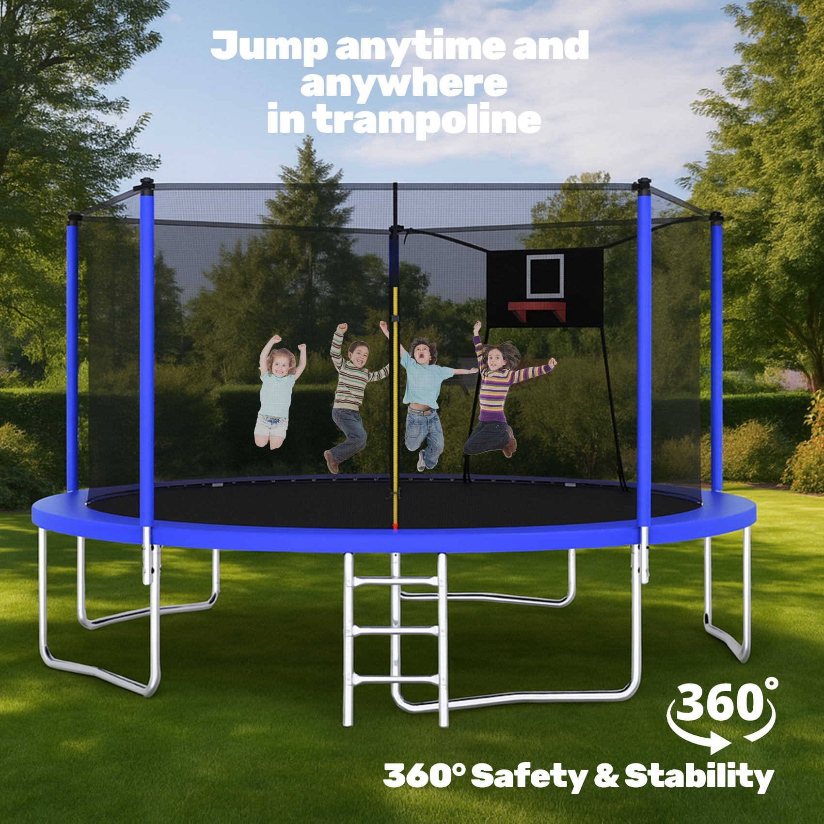 Alvantor 14Ft Trampoline for Kids Age 3-10, Round Trampolines with Basketball Hoop & Enclosure Net for Backyard Yard,Blue