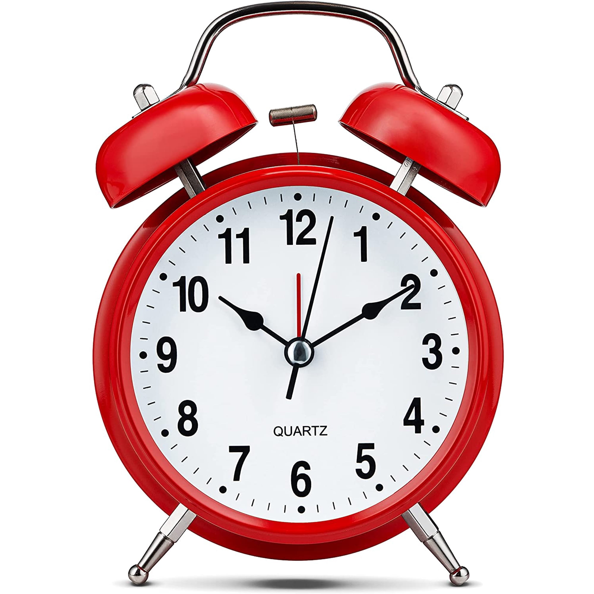 Huangting Analog Alarm Clock 4 Twin Bell Vintage Red Silent Non Ticking Quartz Battery Operated