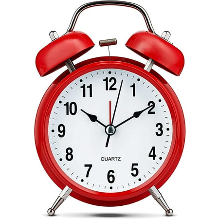 Huangting Analog Alarm Clock 4 Twin Bell Vintage Red Silent Non-Ticking Quartz Battery Operated Extra Loud with Backlight for Bedside Table Desk, Retro Clocks Old Fashioned for Heavy Sleepers