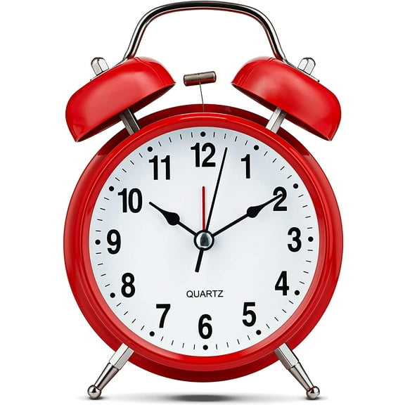 Huangting Analog Alarm Clock 4" Twin Bell Vintage Red Silent Non-Ticking Quartz Battery Operated Extra Loud with Backlight for Bedside Table Desk, Retro Clocks Old Fashioned for Heavy Sleepers