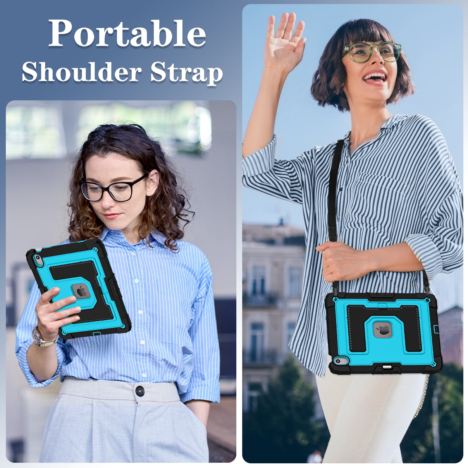 ELEHOLD 3-Layer Rugged Case For Apple iPad Air 13‑inch (M4) 2026, Heavy Duty Shockproof Logo Visible Foldable Kickstand Drop Protection Cover with Pencil Holder + Shoulder Strap, Black+Blue