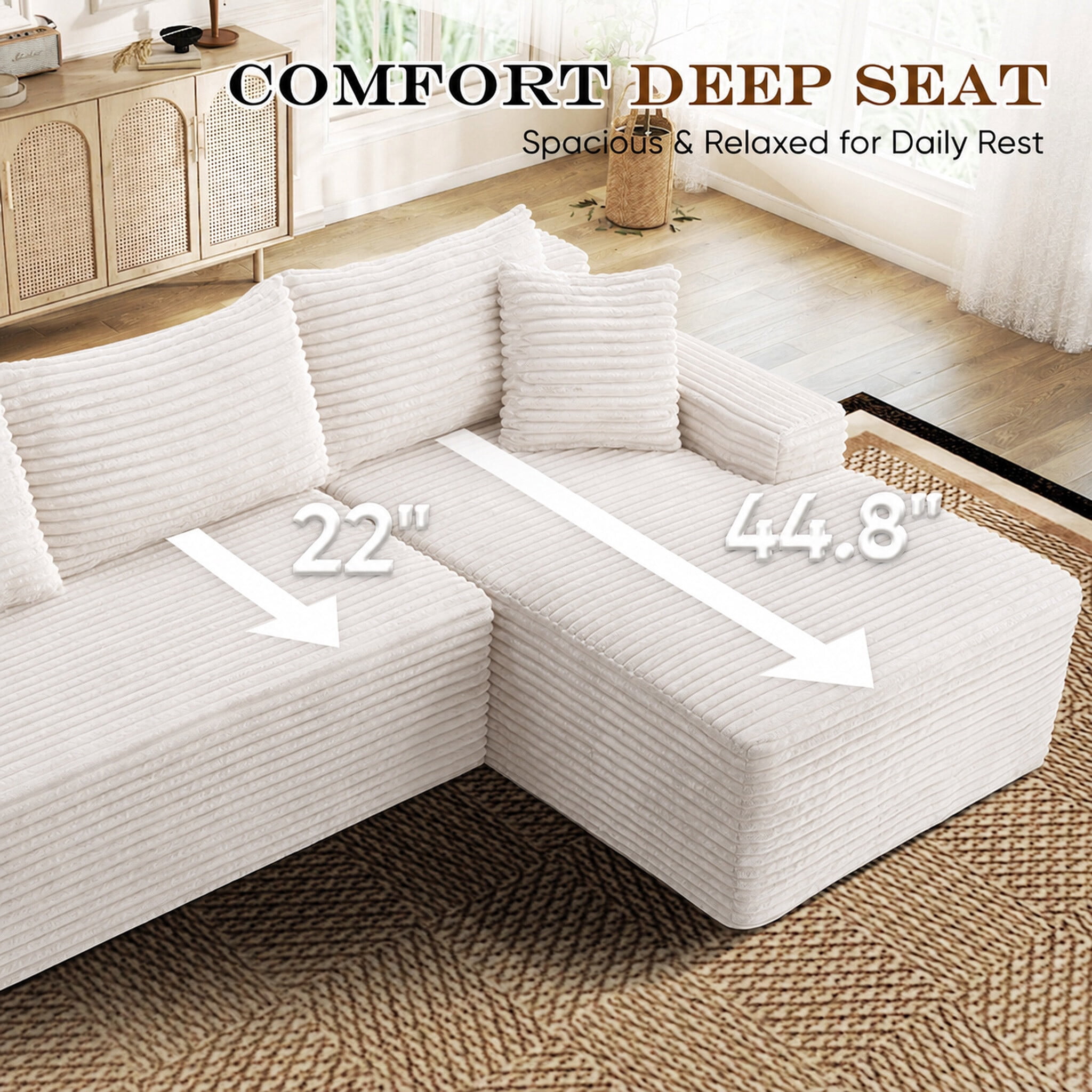 Lunale Small Modular Sectional Sofa with Movable Chaise, L-Shaped Boneless Cloud Couch for Living Room, Beige (Right Facing Chaise)