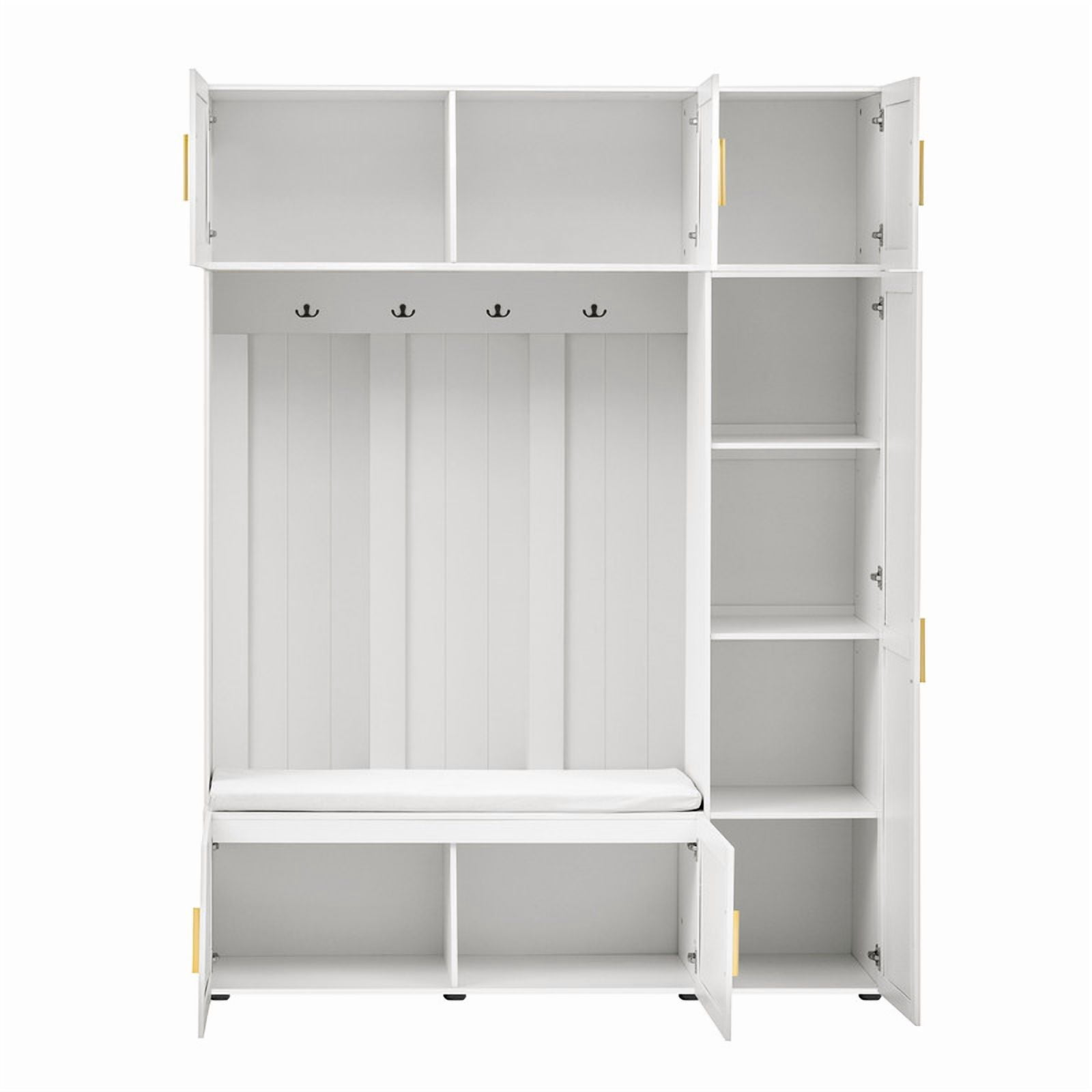 4-in-1 Hall Tree with Padded Bench and Storage Cabinets, Entryway Coat Rack with 4 Hooks and Multi-Tier Storage Shelves, Mudroom Bench Shoe Organizer for Living Room Hallway