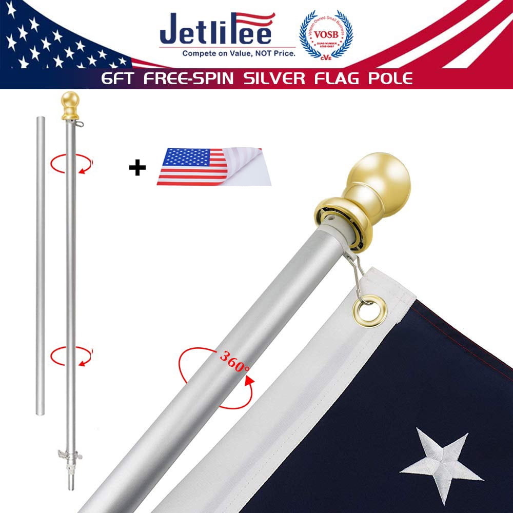 6 Ft Tangle Free Spinning Silver Flagpole Gold Ball & Adjustable Wall Mount Kit 