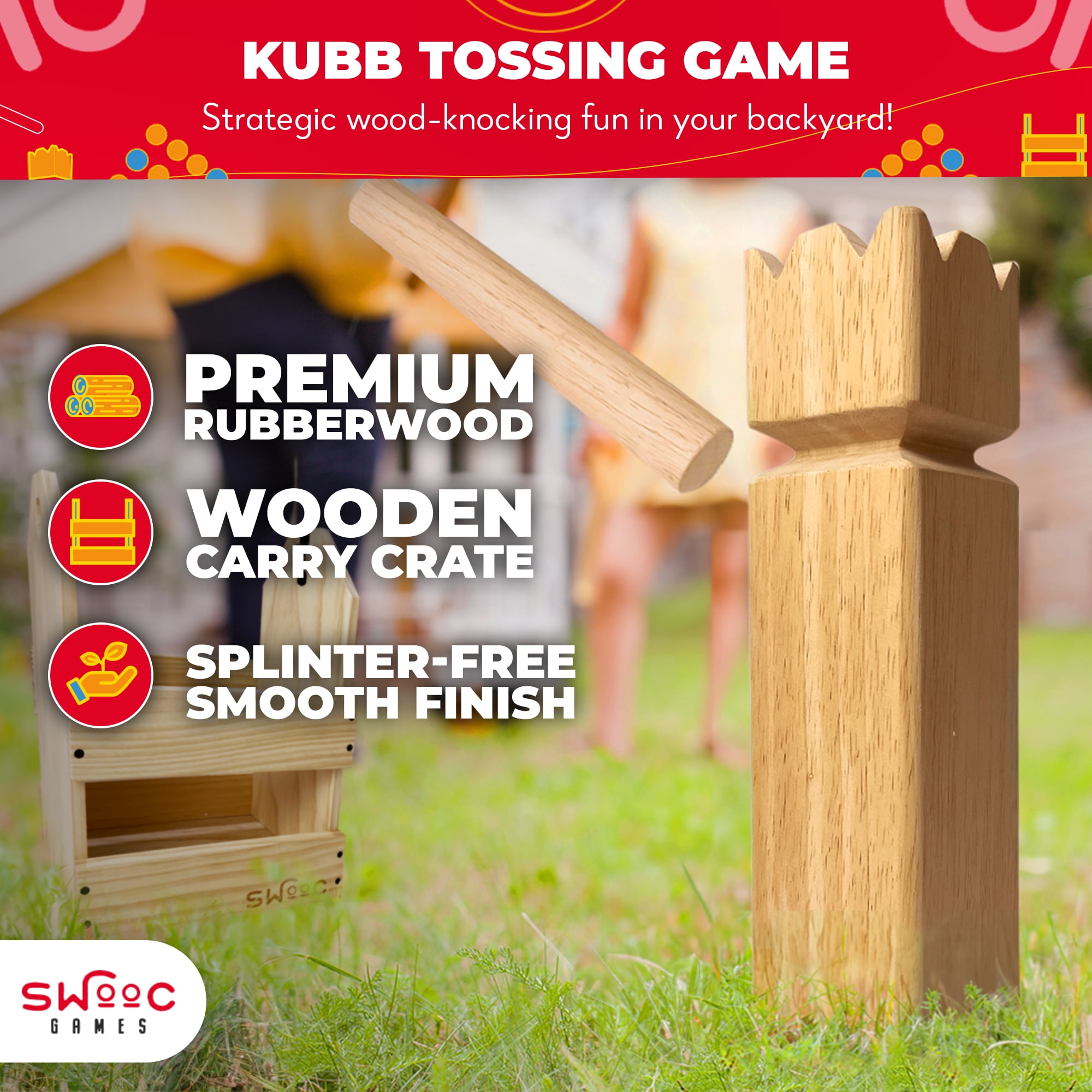 SWOOC - Kubb Yard Game Set - Premium Hardwood Viking Chess w/ Crate - Adults & Children Age 6 to 100