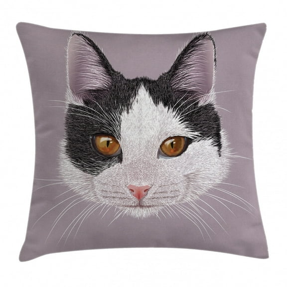 Animal Throw Pillow Cushion Cover, Cute Cat Kitty Portrait Young Domestic with Funny Whiskers Pet Humor Graphic, Decorative Square Accent Pillow Case, 20 X 20 Inches, Lilac Black White, by Ambesonne