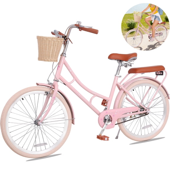 POVANLI 24" Girls Bike Single Speed Lady's Hybird Bicycle for Ages 7-11 Years with Basket Light Pink