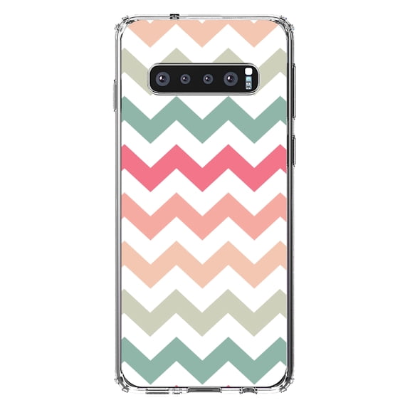 DistinctInk Clear Shockproof Hybrid Case for Samsung Galaxy S10 (6.1" Screen) - TPU Bumper, Acrylic Back, Tempered Glass Screen Protector - Pastel Chevron Wave Stripes - Stripes Pattern