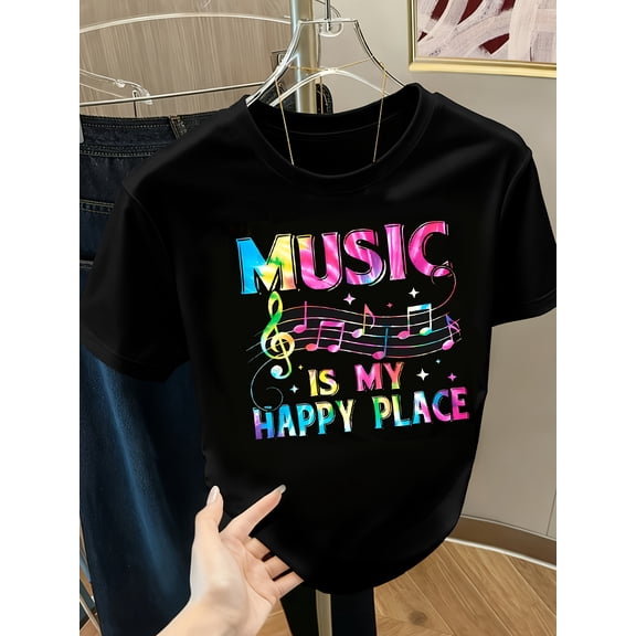 Music Is My Happy Place Printed Short-Sleeve Round-Neck T-Shirt for Women.