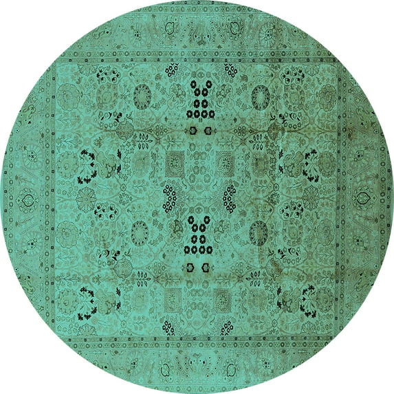 Ahgly Company Machine Washable Indoor Round Oriental Turquoise Blue Traditional Area Rugs, 5' Round