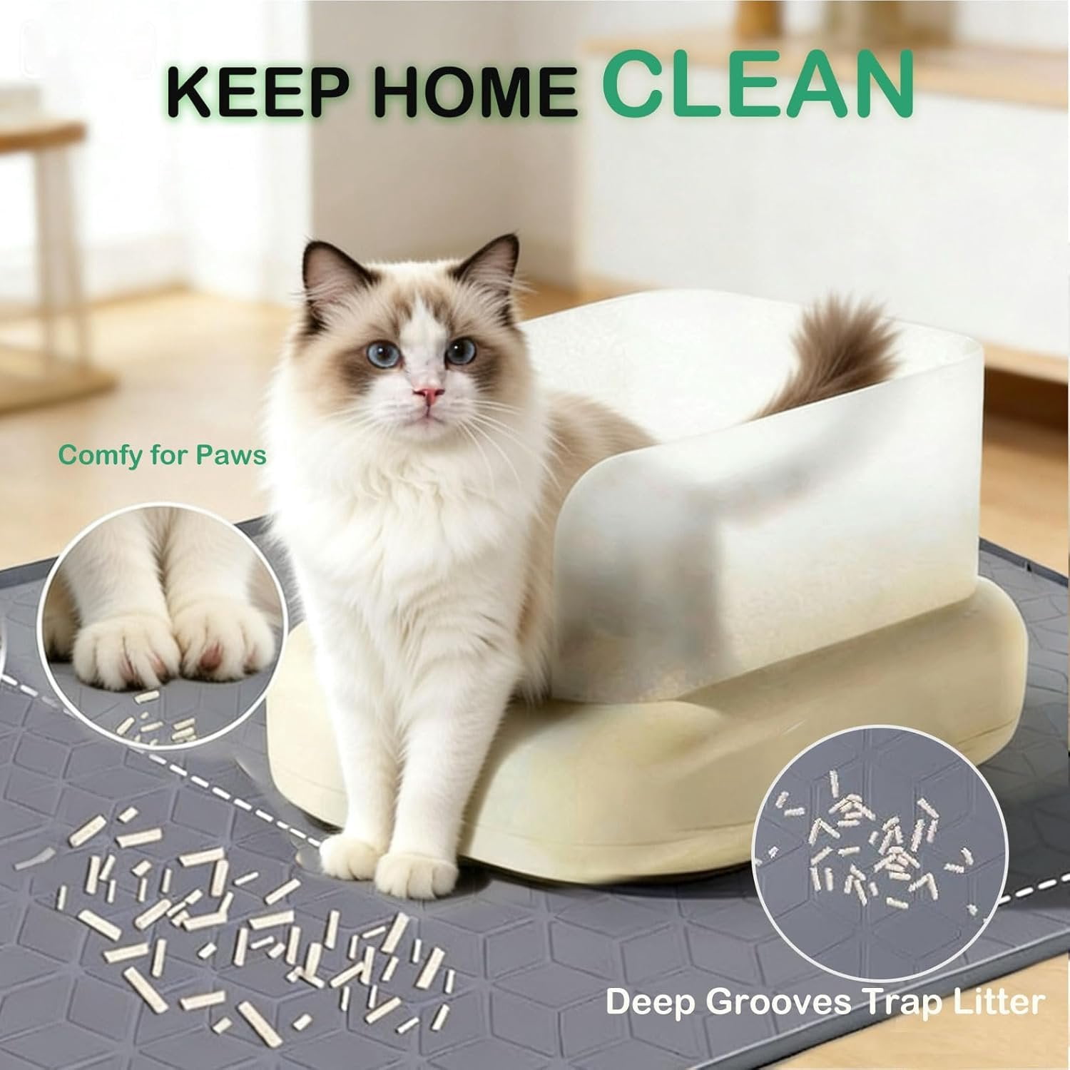 Litter Mat 34x22 Inch, Large  Litter Box Mat for Floor Protection,  & Non-Slip, Soft for  Paws, Easy to Clean, Leak-Proof Edge, Gray