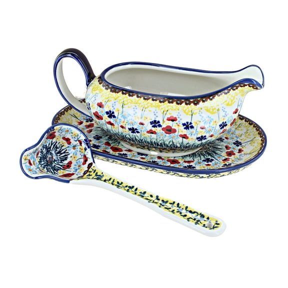 Blue Rose Polish Pottery Prairie Garden Gravy Boat & Ladle