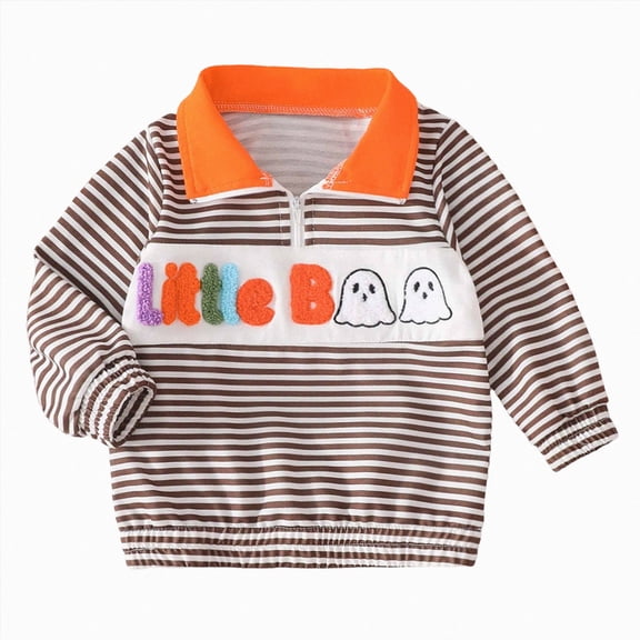 Kakishop Little Boy Girl Spooky Graphic Striped Embroidered Zip-up Mock Neck Long Sleeve Pullover Tops Kids Autumn Winter Clothes, 6-12 Months
