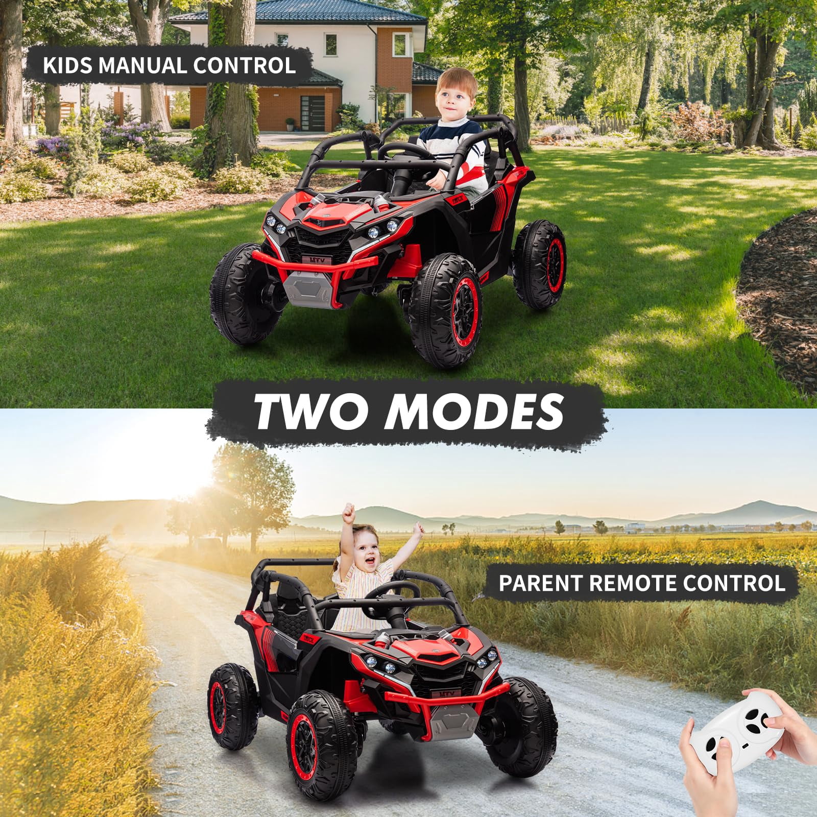 Luku 24V 2-Seater 4WD Kids Ride-On UTV, Parent Remote Control, 4 Shock Absorbers, LED Lights, Music, 3-Speed, Off-Road Electric Truck for Ages 3+