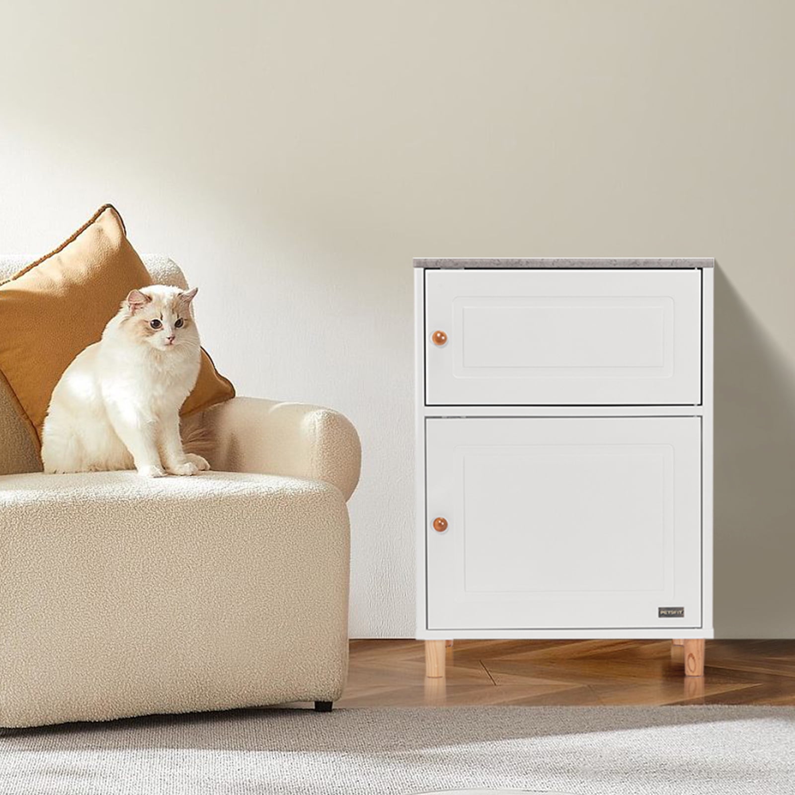 PETSFIT Cat Litter Box Enclosure, Odor-Free Design, Storage Cabinet, Easy-Clean, and Stylish Hidden Cat Litter Box Furniture White