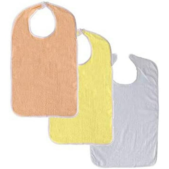 3 Terry Adult Bib with Hook and Loop Closure (Peach, Yellow, White)