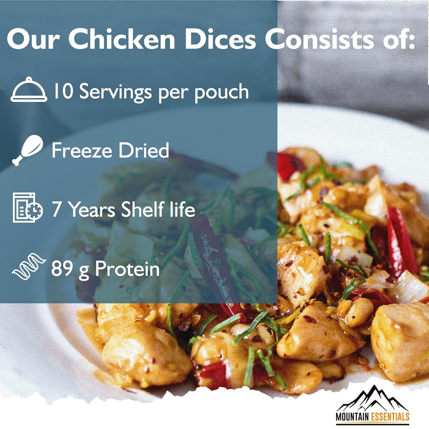 (Pack of 12) MOUNTAIN ESSENTIALS Freeze Dried Chicken Dices | Emergency Survival Bulk Food Storage Home Meals Hunting, Survival, Camping, Backpacking Food | 10 serving per Pouch