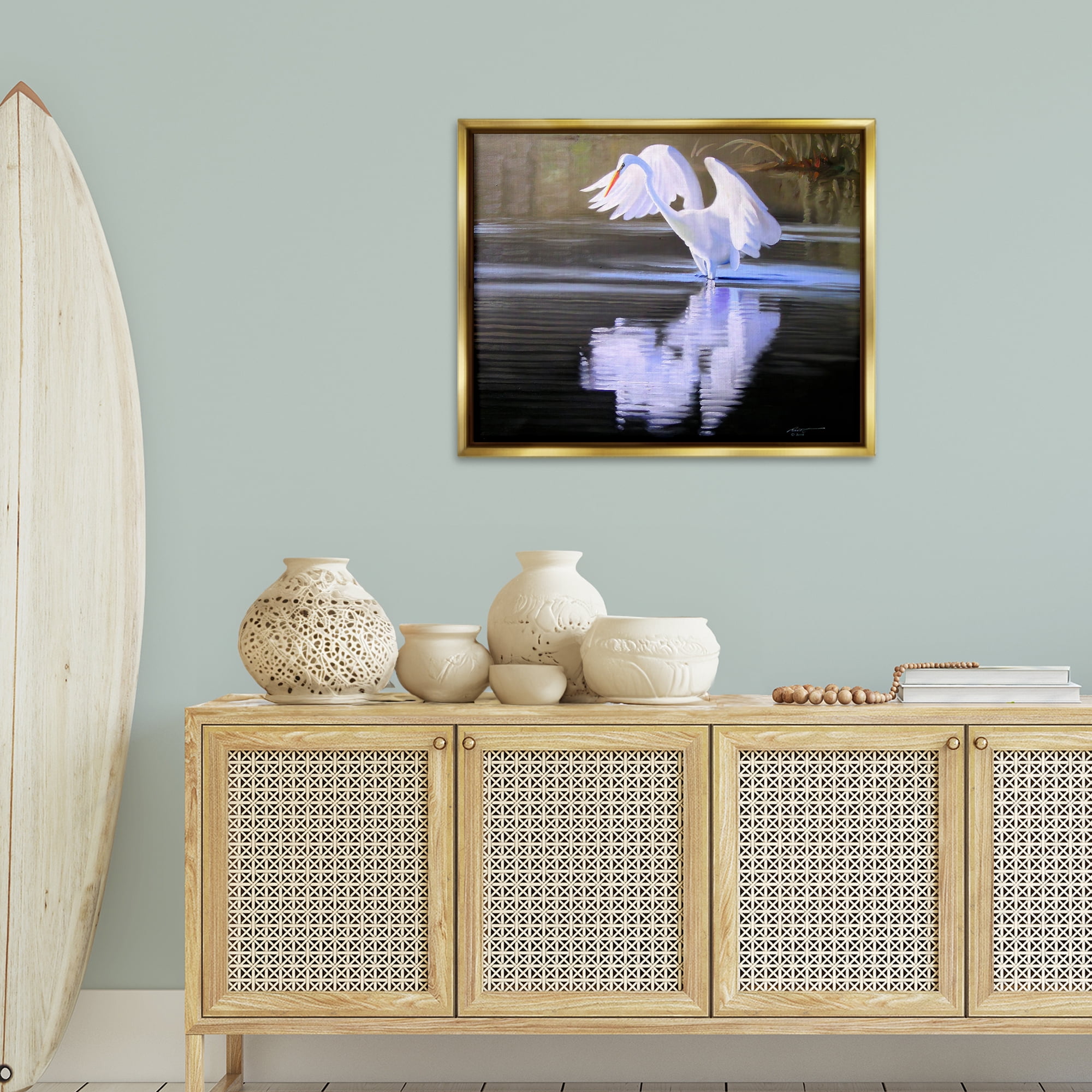 Stupell Industries Egret with Water Ripples Animals & Insects Painting Gold Floater Framed Canvas Art Print Wall Art, 31 x 25