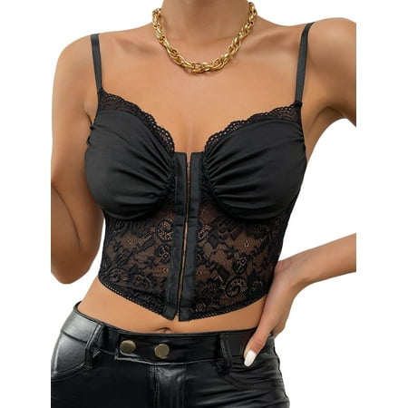 

Women Bodycon Bustier Crop Tops See Through Lace Corsets Sleeveless Camis Tanks Camisole Vests