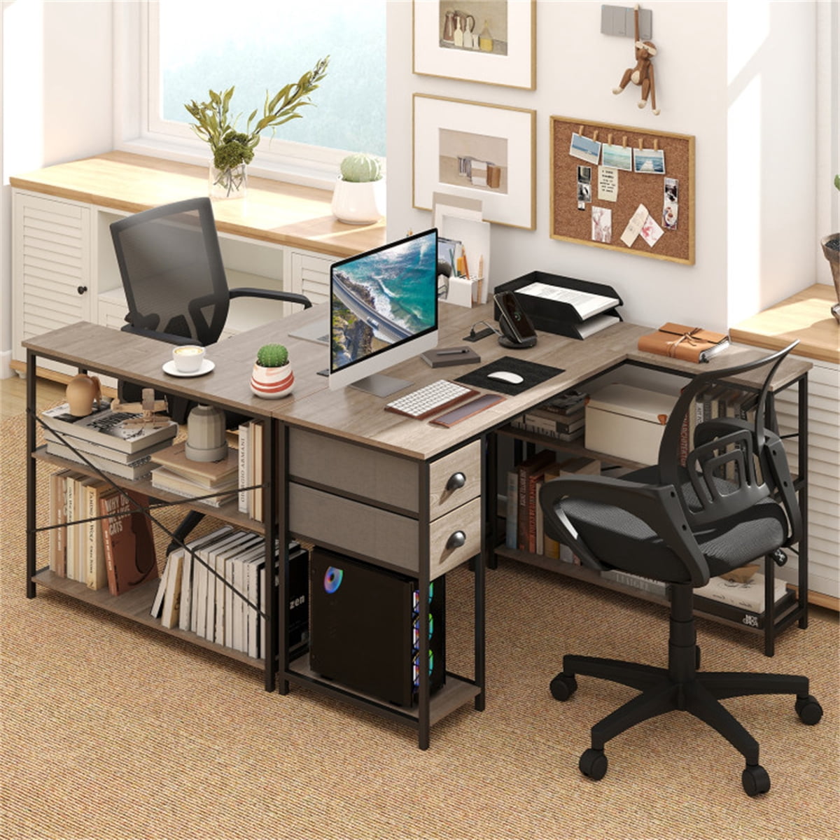 L Shaped Computer Desk with Built in Power Outlet USB Type C Charging Port Home Office Corner Desk with Fabric Drawers Storage Shelves Oak Black