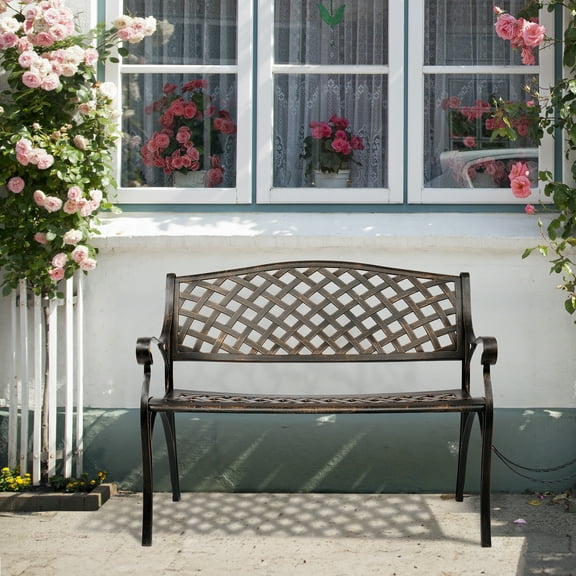 Ktaxon 40.5" Outdoor Garden Bench Aluminum Frame Seats Patio Furniture Bronze, Heavy Duty Cast Aluminum Bench, Cast Iron Bench, Bronze