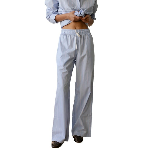 Striped Loose Pants Chic Fashion Women Elastic Band Drawstring Straight Leg Trousers