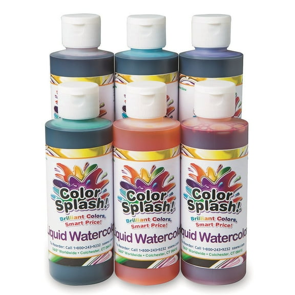S&S Worldwide Color Splash! Liquid Watercolor Paint, 6 Vivid Colors, 8-oz Flip-Top Bottles, For All Watercolor Painting, Use to Tint Slime, Clay, Glue, Shaving Cream, Non-Toxic. Pack of 6.