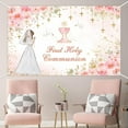 thumbnail image 4 of Floral First Holy Communion Backdrop Pink Mi Primera Comunión Photography Background Pink Mi Bautizo Baptism God Bless Chalice Doves Glitter Decor Cake Smash Photo Props, 4 of 5