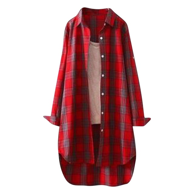 UPPADA Womens Long Flannel Plaid Shirts Oversized Lightweight Button up Shirts Plus Size Trendy Blouses with Pockets Red,XXXL