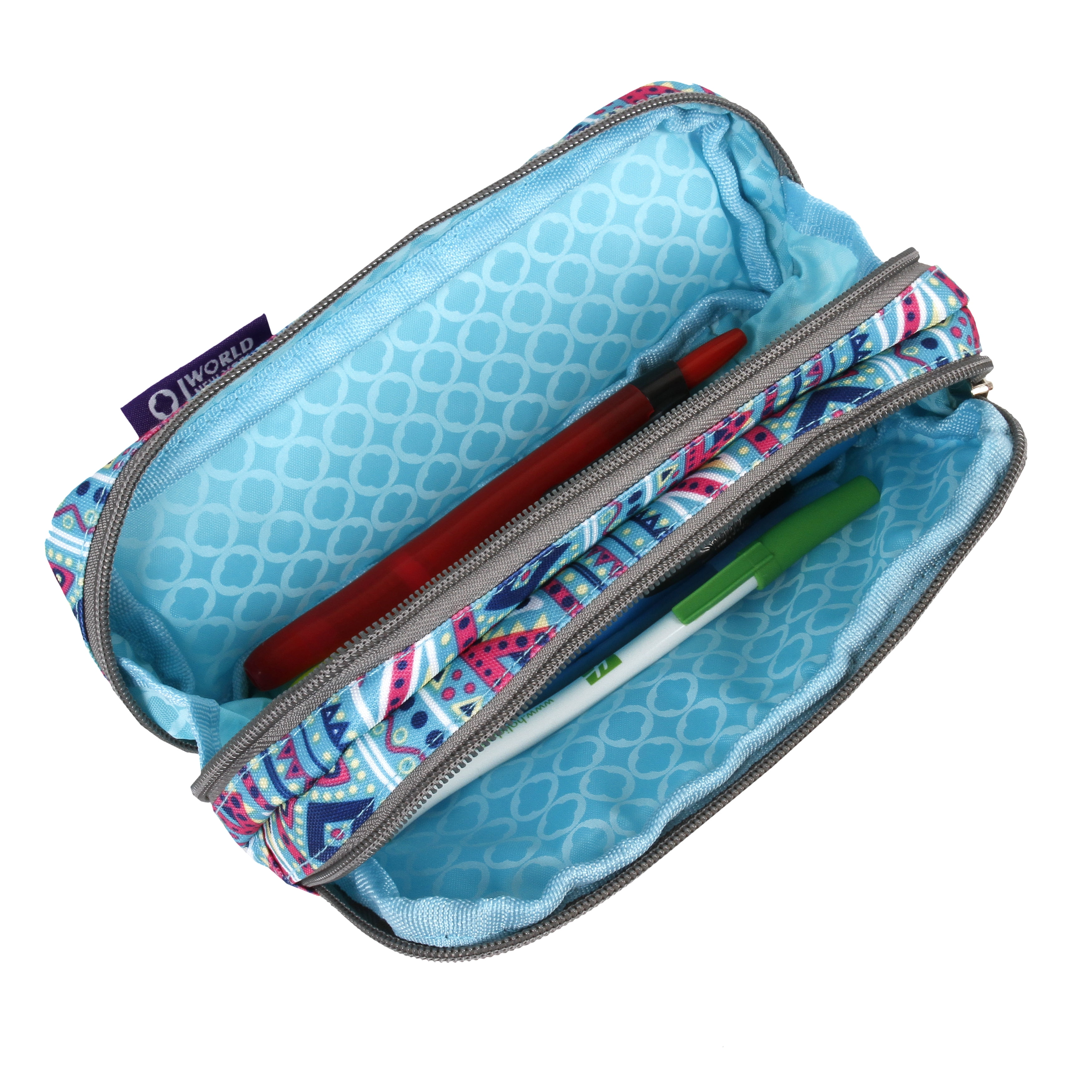 J World Girls Jojo Double Compartment Kids Pencil Case for School, Mint Tribal