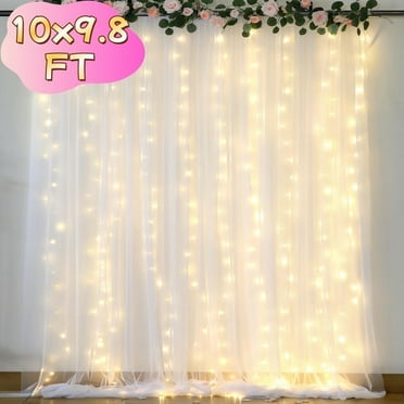 White Tulle Backdrop Curtain with String Lights 10x9.8ft - Wedding Bridal Shower Birthday Party Photo Shoot Decor (2 Panels)