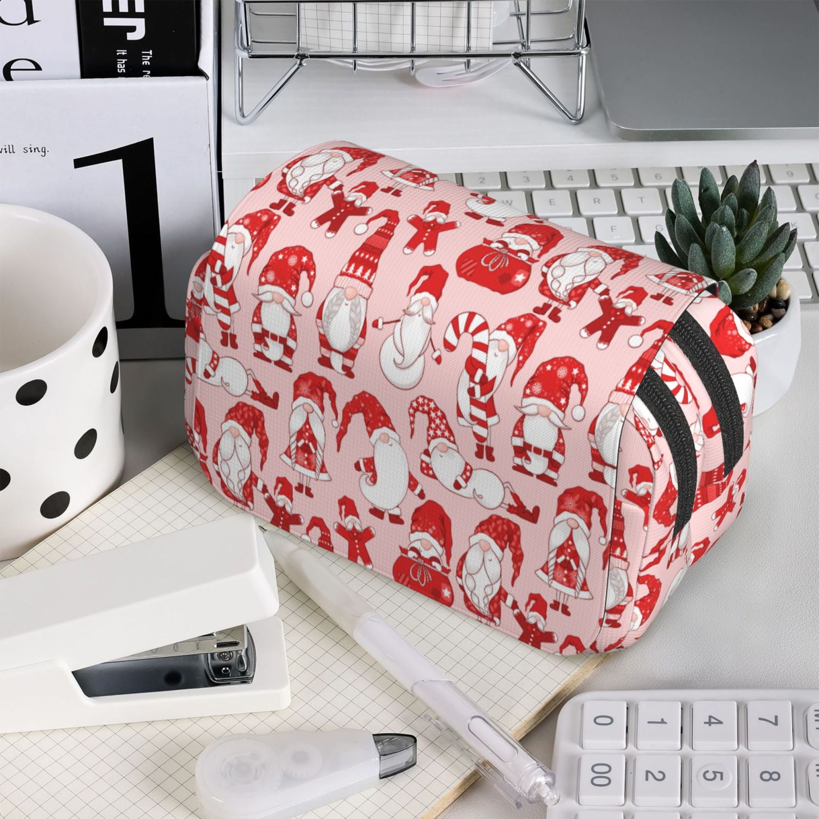 Rateoe Gnome Merry Christmas Pattern Double Clamshell Pen Case, Storage Organizer with Two Zipper Compartments– Holds Up to 50 Pencils & Pens