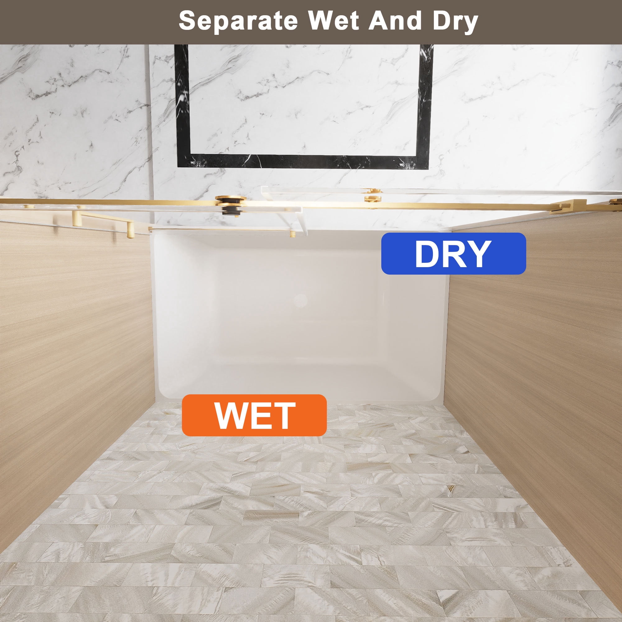 Leumius 56-60"W x 60" H Frameless Single Sliding Shower Door, 1/4\" Clear Tempered Glass, Stainless Steel Handle Square Tube Track Shower Door,Brushed Gold