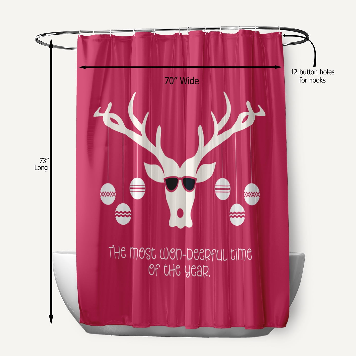 Simply Daisy 70" W x 73" L Cool Christmas Deer Polyester Shower Curtain, Holiday Pink [1 Ct]