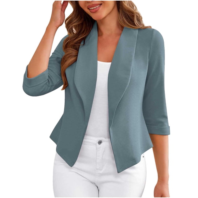 NTACZA Open Front Womens Coats Light Blue Suit Workout Blazer Jacket 3/4 Sleeve Collared Cropped Clothes Womens Jacket S