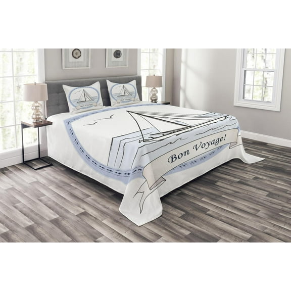 Ambesonne Travel Quilted Bedspread Set 3 Pcs, Yatch in Ocean, Queen Size, Pale Blue White Lilac
