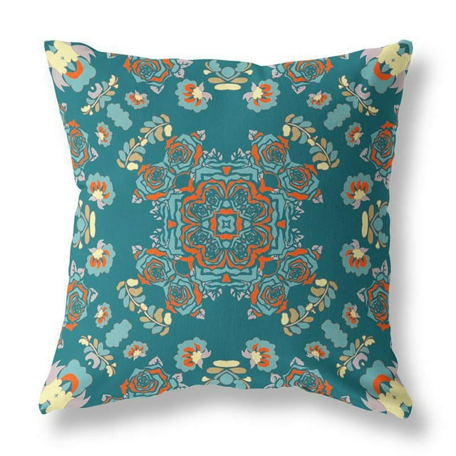 Couronne de Roses Coussin en Tissu Intérieur/extérieur avec Housse Amovible Vert Rouge 18x18